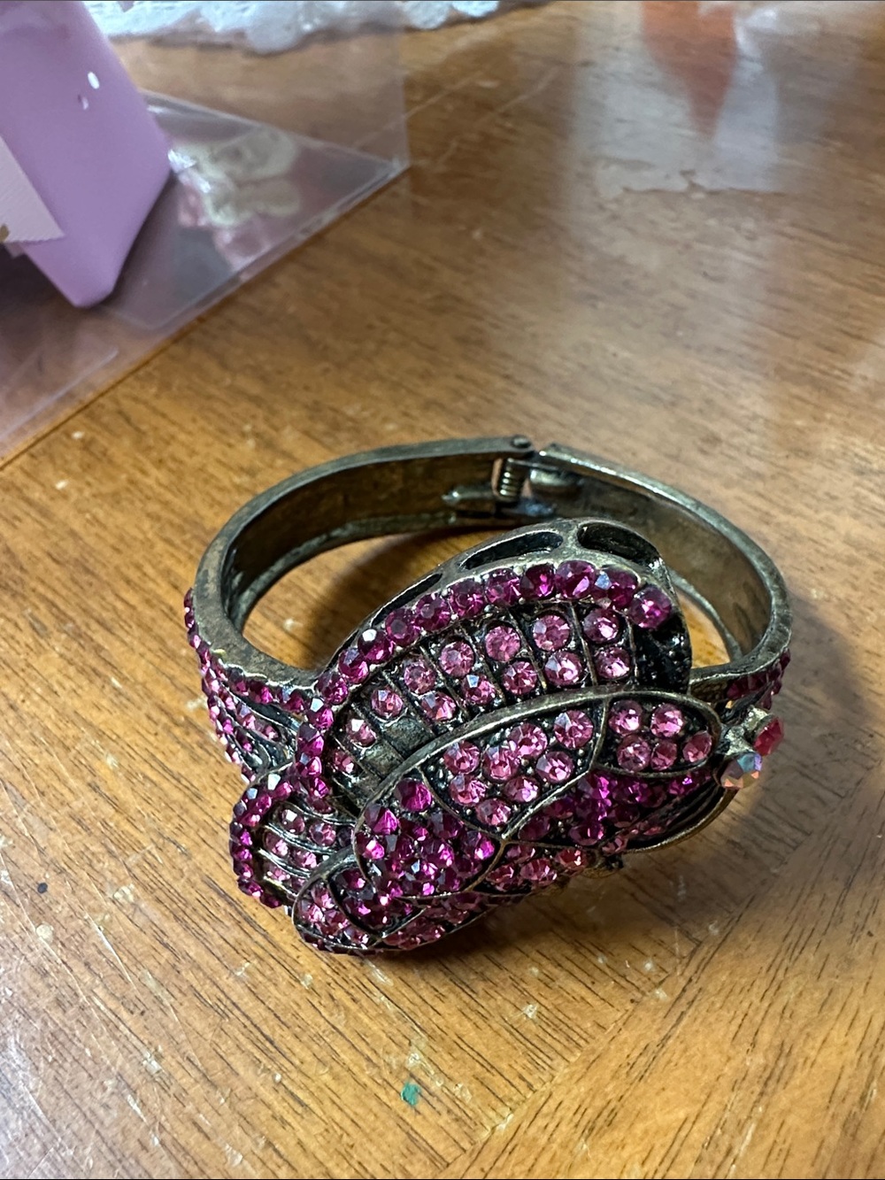 Pink Crystal Leaf Motif Bracelet - Elegant Statement Jewelry
